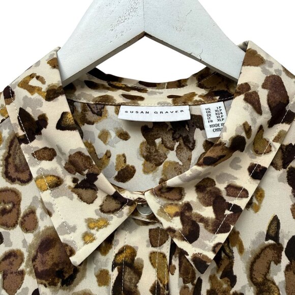 SUSAN GRAVER Womens Top Large Petite Leopard Brown Button Up Blouse NWOT - Picture 3 of 10